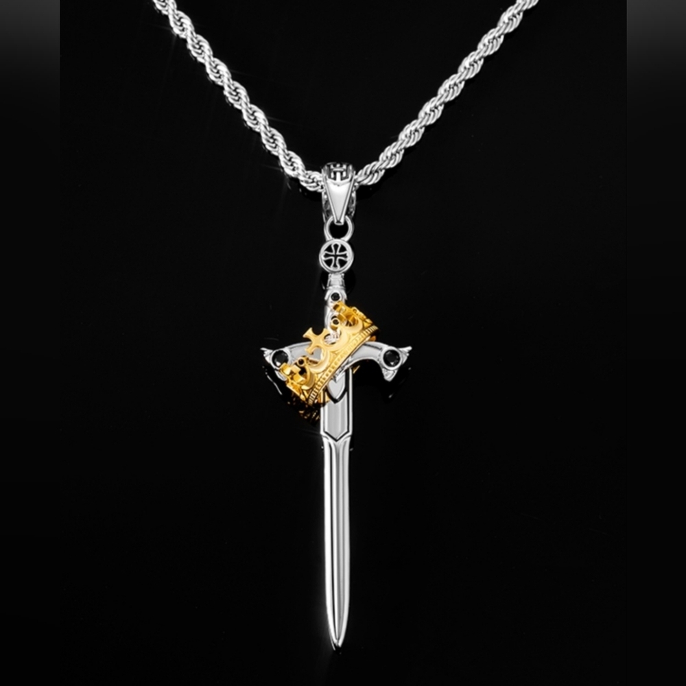 MEN'S 2 TONE CROWN SWORD PENDANT 24" ‎ LONG ROPE CHAIN